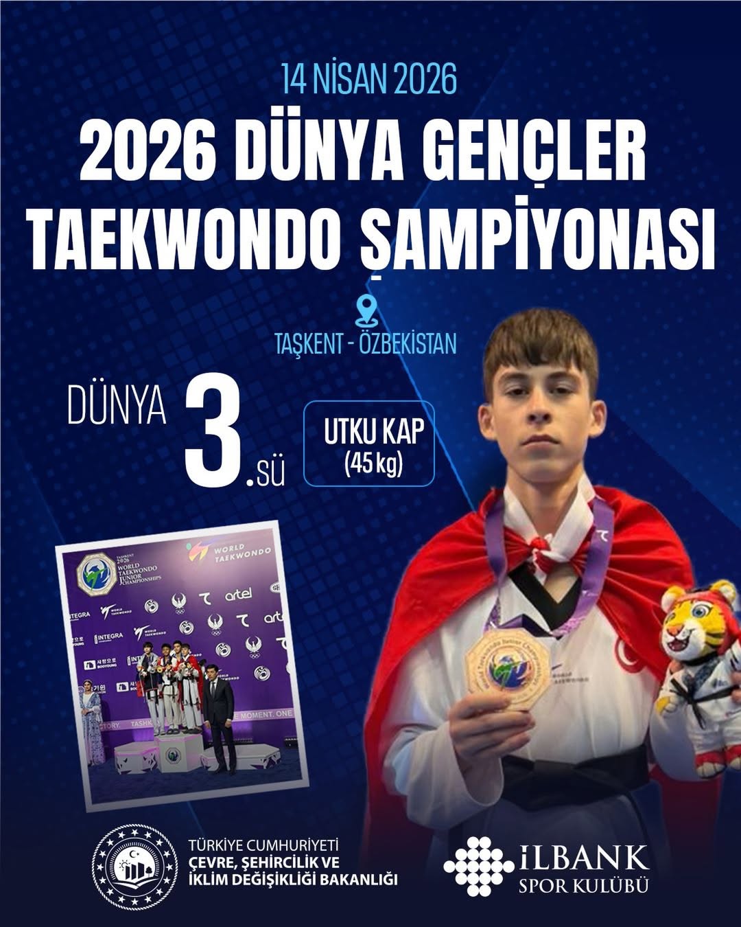 Millî sporcumuz Utku Kap Dünya Gençler Taekwondo Şampiyonası”nda dünya üçüncüsü